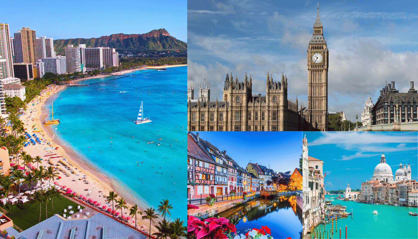 Photo Collage of Wikiki beach, London Big Ben and Houses of Parliament, Strasburg, and Venice