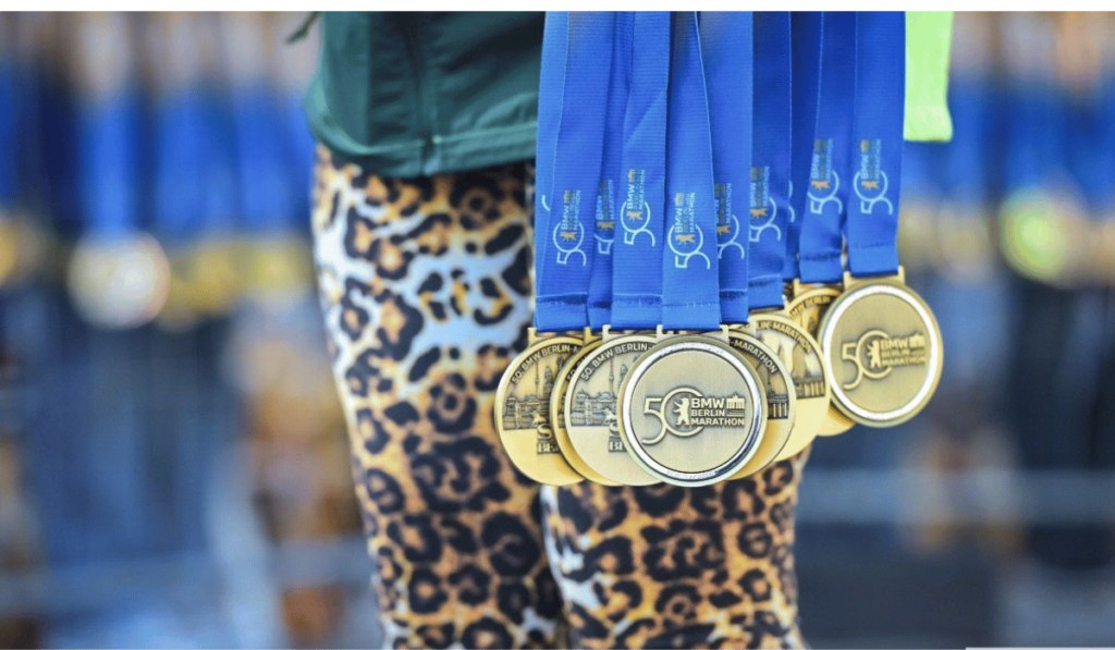 Marathon staff prepare to hand out medals