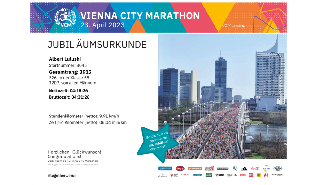 Albert Vienna City Marathon April 2023 Certificate