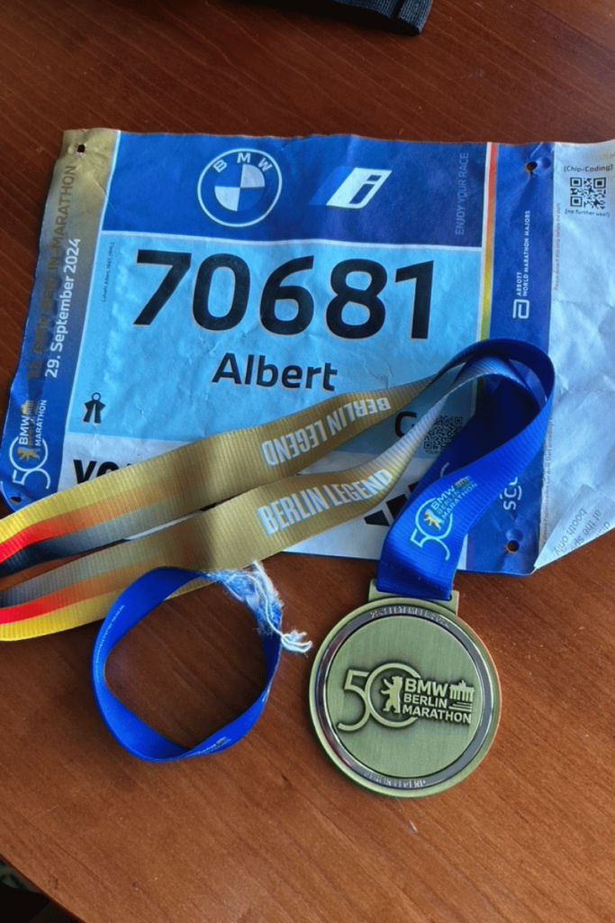 Bib, wristband, and finisher medal